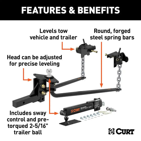 CURT 17063 Round Bar Weight Distribution Hitch with Lubrication Sway Control (10-14K)
