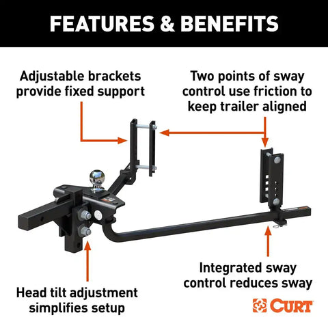 CURT 17601 TruTrack 2P Weight Distribution Hitch with 2x Sway Control, 8-10K