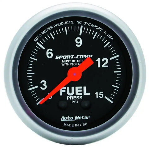 AutoMeter 3313 - GAUGE, FUEL PRESSURE, 2 1/16 , 15PSI, MECHANICAL W/ISOLATOR, SPORT-COMP