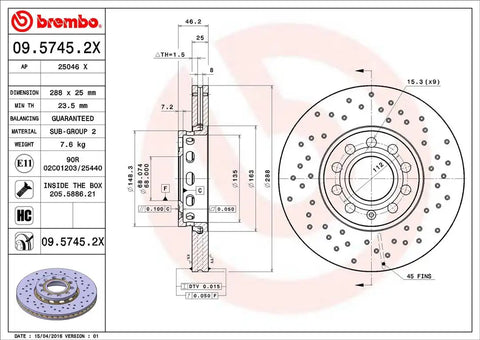 BREMBO 0957452XC02 DISC BRAKE ROTOR