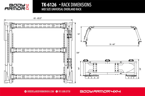 Body Armor 4x4 TK-6126 Mid Size Universal Overland Rack Bolt On Use Existing Bed Rails Black