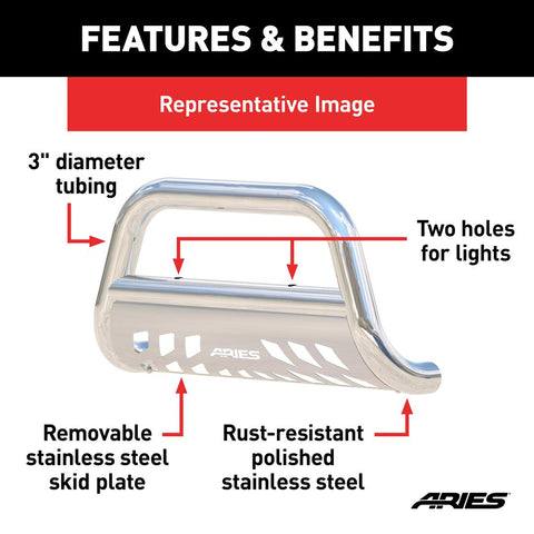ARIES 35-5005 - 3 Polished Stainless Bull Bar, Select Dodge, Ram 1500
