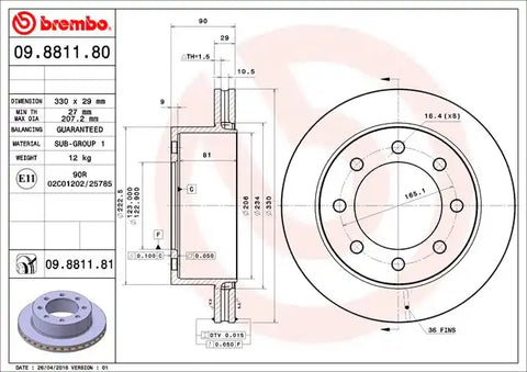 Brembo 09881181C02 Brake Rotor Vented One Piece Design