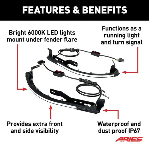 Aries 2500835 Fender Flare Bolt On Style Black Aluminum With LED Lights Set of 2