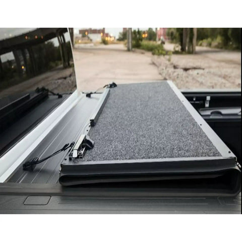 TrailFX TFX5709 - Hard Tri Fold Lockable Black Aluminum With Carpeted Under Panels