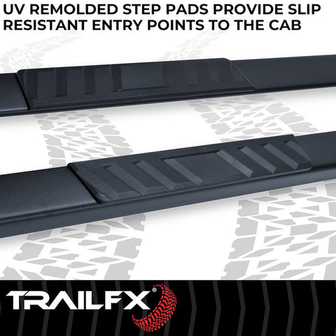TrailFX A4011B - 4 Inch Trapezoid Straight Pwdr Ctd Titanium Black Steel Plastic End Caps Extended Cab Pickup