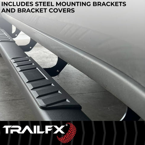 TrailFX A4011B - 4 Inch Trapezoid Straight Pwdr Ctd Titanium Black Steel Plastic End Caps Extended Cab Pickup