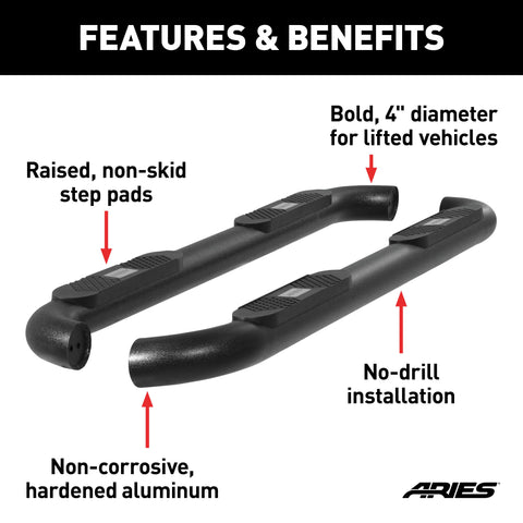 ARIES AL235040 - Big Step 4 Black Aluminum Round Side Bars, Select Dodge, Ram 1500