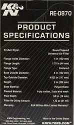 K&N RE-0870 Universal Clamp-On Air Filter
