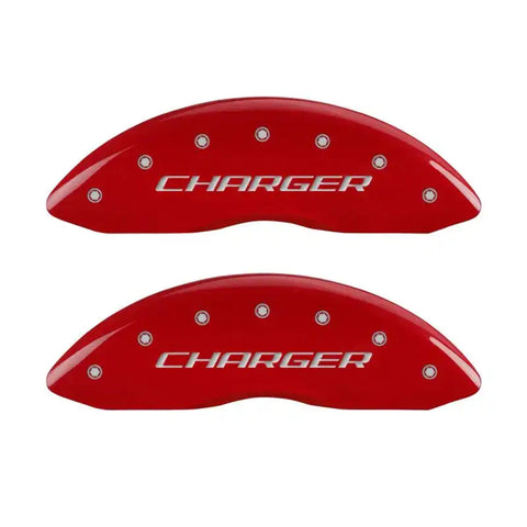 MGP 4 Caliper Covers Engraved Front Charger Engraved Rear RT Red finish silver ch