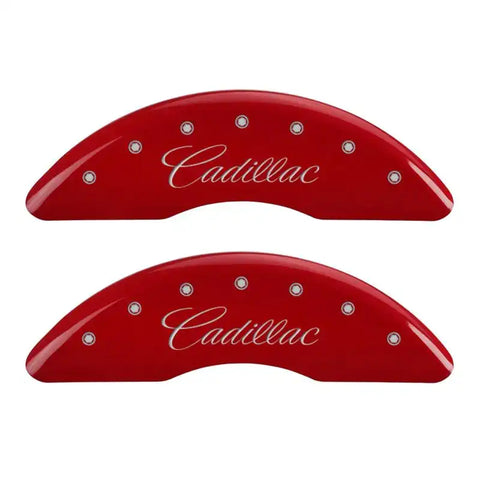 MGP 4 Caliper Covers Engraved Front Cadillac Engraved Rear XTS Red finish silver ch