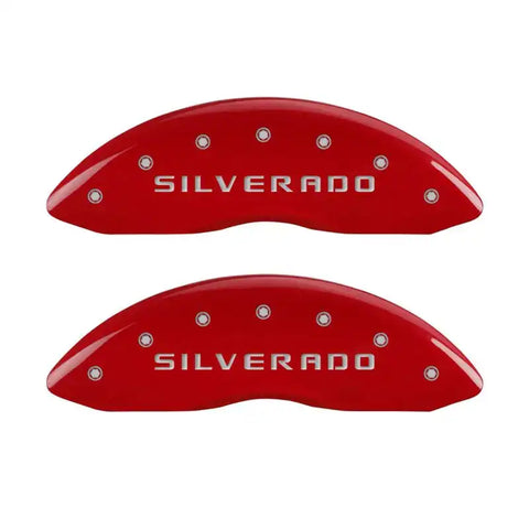 MGP 4 Caliper Covers Engraved Front & Rear Silverado Red finish silver ch