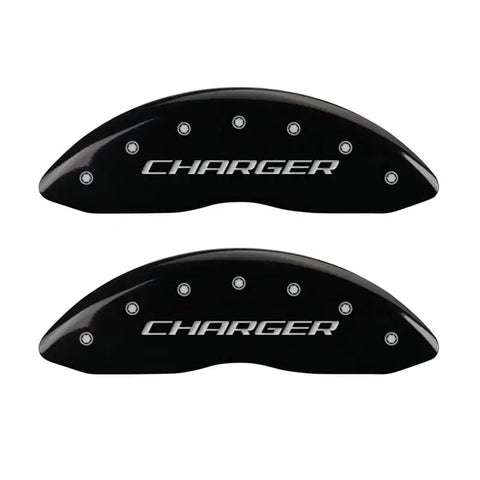 MGP 4 Caliper Covers Engraved Front Charger Engraved Rear RT Black finish silver ch
