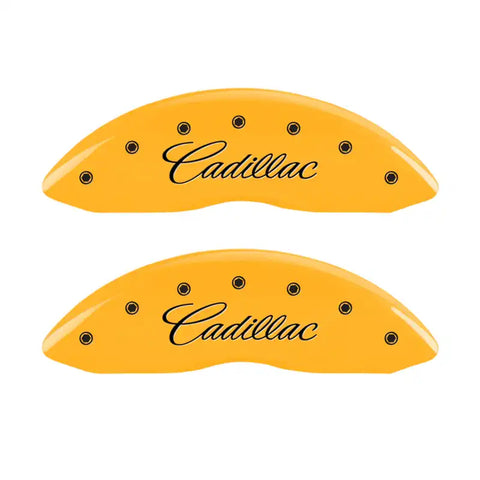 MGP 4 Caliper Covers Engraved Front Cursive/Cadillac Engraved Rear CTS4 Yellow finish black ch