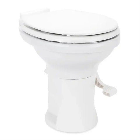 Camco 41710 Toilet High Profile Round Seat With 18 Inch Seat Height Slow Close Wood Seat And Lid Pedal Flush Control