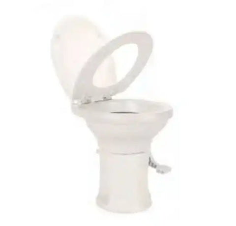 Camco 41715 Toilet High Profile Round Seat With 18 Inch Seat Height Slow Close Wood Seat And Lid Pedal Flush Control