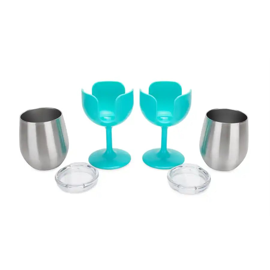 Camco 53484 Drinking Glass Life Is Better At The Campsite ™ Wine Glass 18/ 8 Grade Stainless Steel With BPA Free Lid With 2 Light Blue Removable Stem