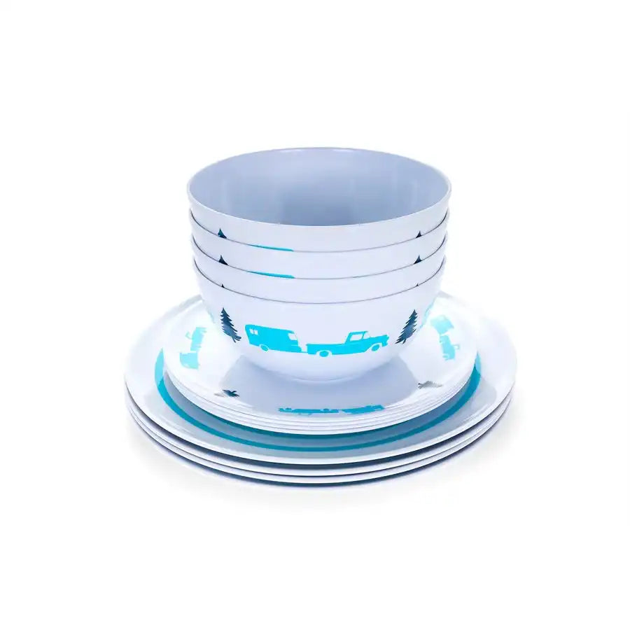 Camco 53294 Dish Set Life Is Better At The Campsite ™ 12 Piece Set Tree And Truck Design White With Blue