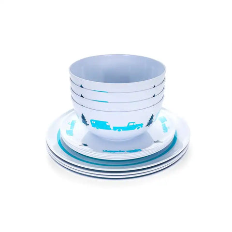 Camco 53294 Dish Set Life Is Better At The Campsite ™ 12 Piece Set Tree And Truck Design White With Blue