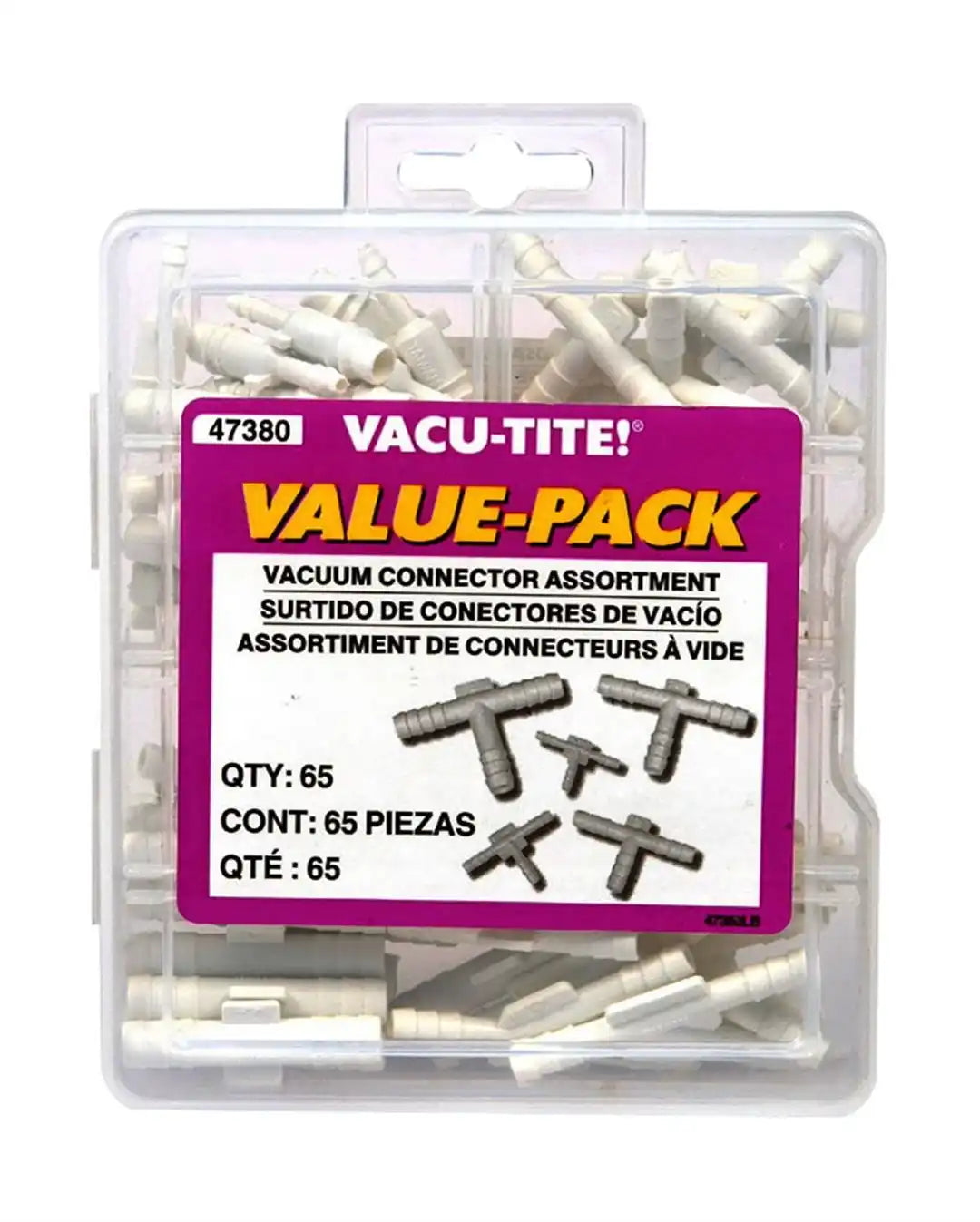 Dorman 47380 Vacuum Hose Connector Vacu-Tite ® Assortment 5/32 Inch Diameter and 3/16 Inch Diameter and 1/8 Inch Diameter and 1/4 Inch Diameter and 1/4 Inch Diameter to 1/8 Inch Diameter White Plastic Set of 65