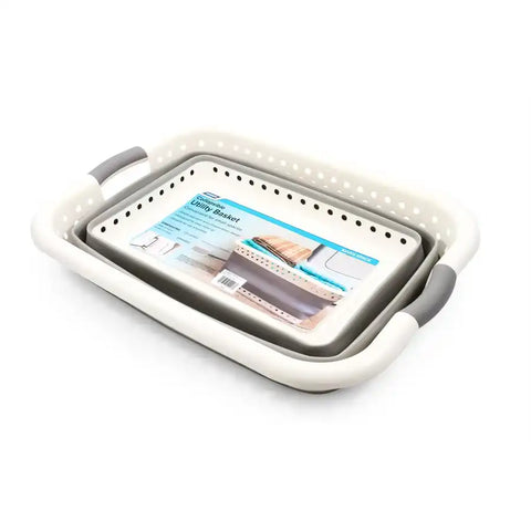 Camco 51903 Collapsible Container Utility Basket 18 Inch Width x 24 Inch Length White/ Gray Waterproof Material