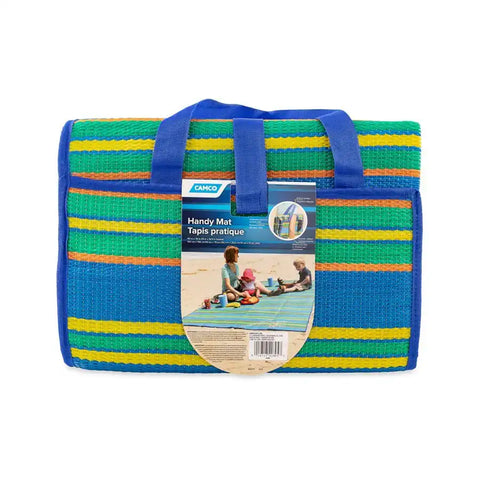 Camco 42805 Patio Mat Handy Mat 6-1/2 Foot Length x 5 Foot Width Blue/ Green Stripe Polypropylene