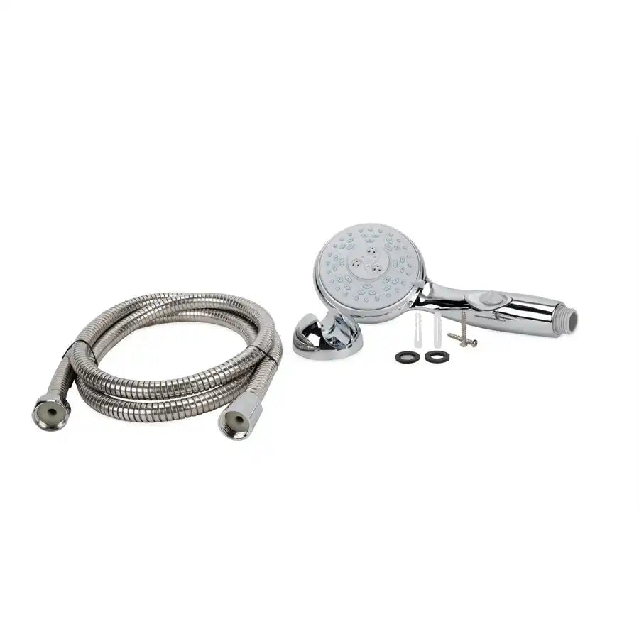 Camco 43713 Shower Head Hand Held With 60 Inch Hose With 5 Available Spray Settings With On/ Off Valve Fits Standard 1/2 Inch Shower Arm