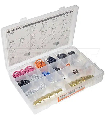 Dorman 030-013 O-Ring Assortment OE Solutions ™ Rubber/ Copper/ Steel Tray With 64 Seals/ 32 Gaskets/ 32 Split Rings/ 288 O-Rings/ 32 Clips/ 128 Crush Washers/ 8 Injector Sleeves