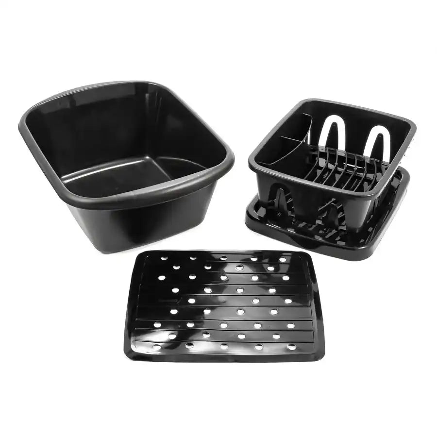 Camco 43518 Dish Pan With Dish Pan/ Dish Drainer With Tray And Sink Mat Black Plastic With English/ French Language Packaging