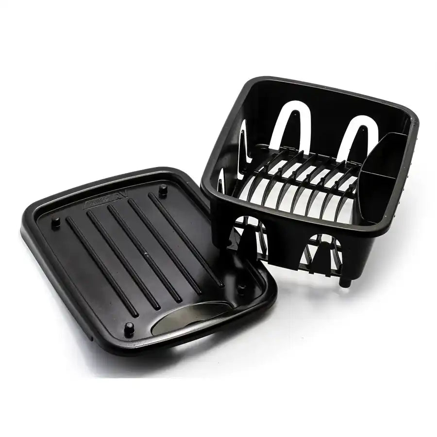 Camco 43512 Dish Drainer Fits In RV Sink With Drainer Tray That Fits as Lid for Storage Black Plastic