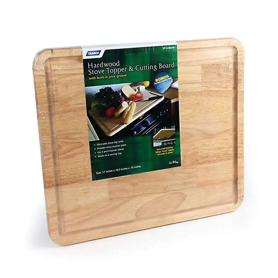 Camco 43753 Cutting Board Stove Topper With Non-Skid Backing Natural Hardwood With Additional Flexible Cutting Board