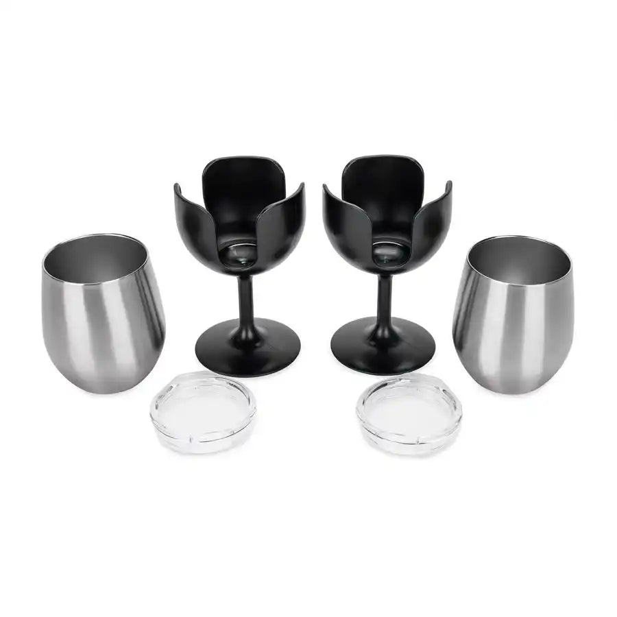 Camco 53485 Drinking Glass Life Is Better At The Campsite ™ Wine Glass 18/ 8 Grade Stainless Steel With BPA Free Lid With 2 Black Removable Stem