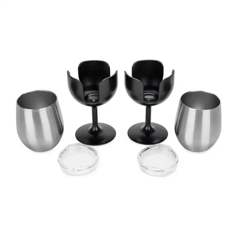 Camco 53485 Drinking Glass Life Is Better At The Campsite ™ Wine Glass 18/ 8 Grade Stainless Steel With BPA Free Lid With 2 Black Removable Stem