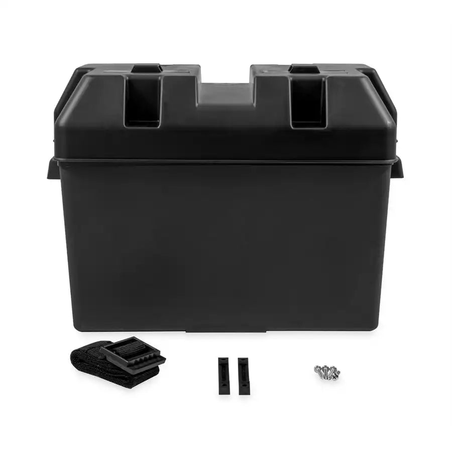 Camco 55372 Battery Box Fits Group 27, 30 and 31 Batteries Includes Tie Down Strap/Securing Brackets/Hardware Black Polypropylene