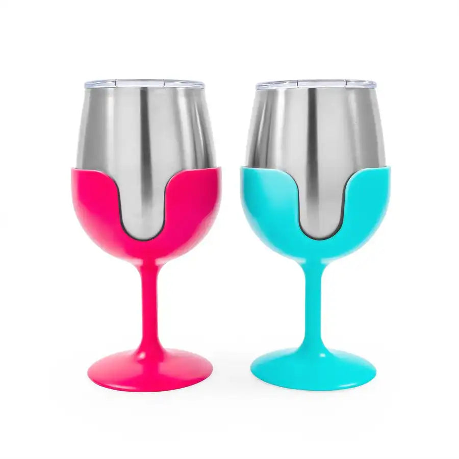 Camco 51915 Drinking Glass Life Is Better At The Campsite ™ Wine Glass 18/ 8 Grade Stainless Steel With BPA Free Lid With 1 Blue And 1 Pink Removable Stem