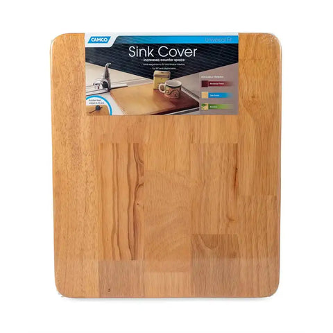 Camco 43431 Sink Cover Oak Accents ™ Board Size is 13 Inch x 15 Inch Adjustable Rubber Feet Allow It To Fit Multiple Sink Sizes Oak Finish