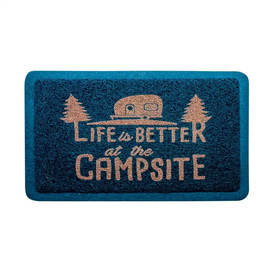 Camco 53201 Door Mat Life Is Better At The Campsite ™ For Indoor Or Outdoor Use Retro RV Design With “Life Is Better At The Campsite” Logo Blue