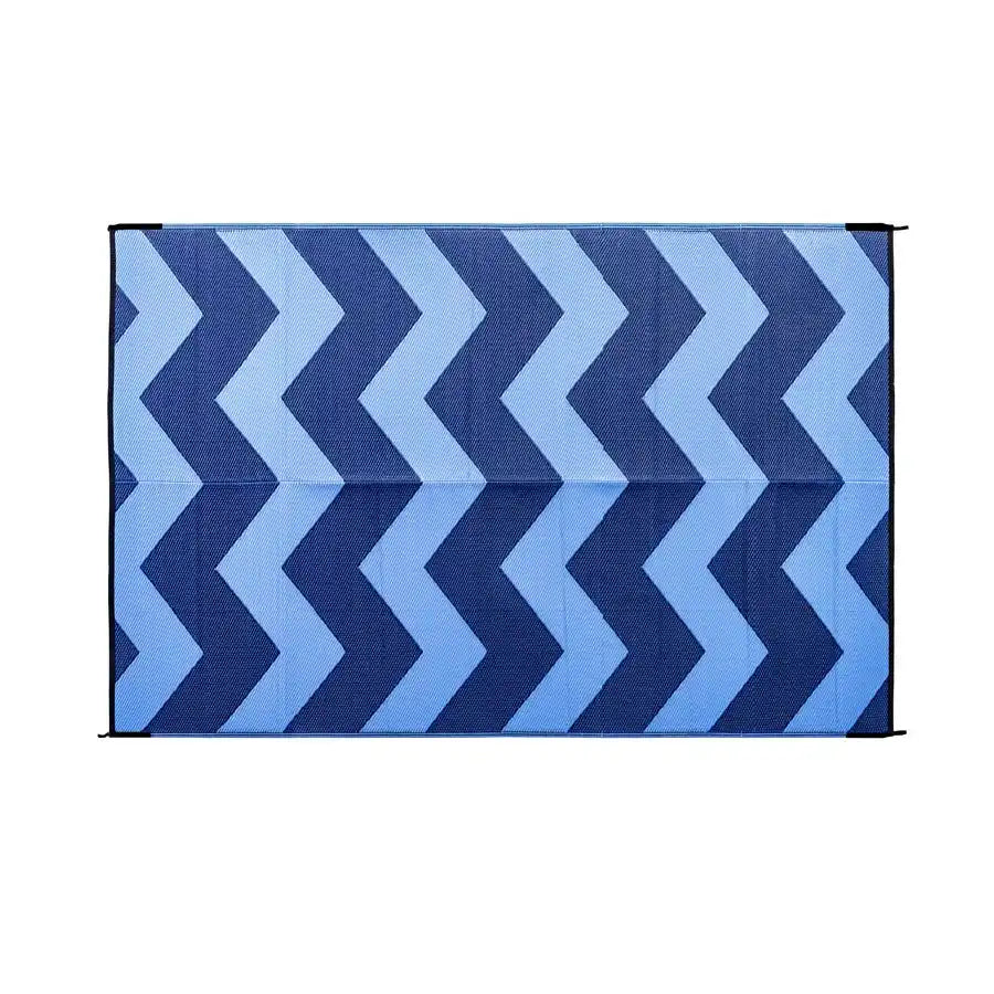 Camco 42878 Patio Mat 9 Foot x 6 Foot Blue Chevron Design UV Resistant Material With Corner Loops