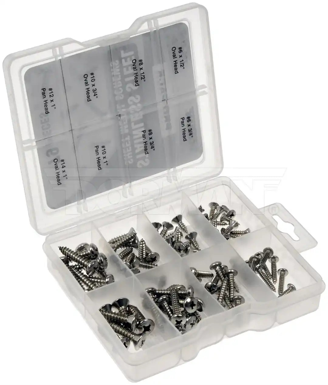 Dorman 799-510D Screw OE Solutions ™ Steel With Fifteen #6 x 1/2 Inch/ Ten Each #8 x 1/2 Inch And #10 x 3/4 Inch/ Six #14 x 1 Inch Oval Head Screws With Ten Each #6 x 3/4 Inch/ #8 x 3/4 Inch/ #10 x 1 Inch And Eight #12 x 1 Inch Pan Head Screws