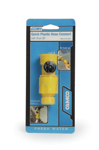 Camco 20103 Fresh Water Hose Connector Quick Connect Fits Standard Garden Hose Female Coupling Plastic With Shut Off Valve