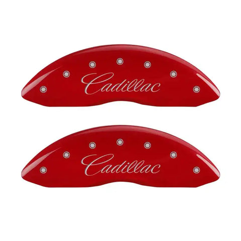 MGP 4 Caliper Covers Engraved Front Cursive/Cadillac Engraved Rear SRX Red finish silver ch